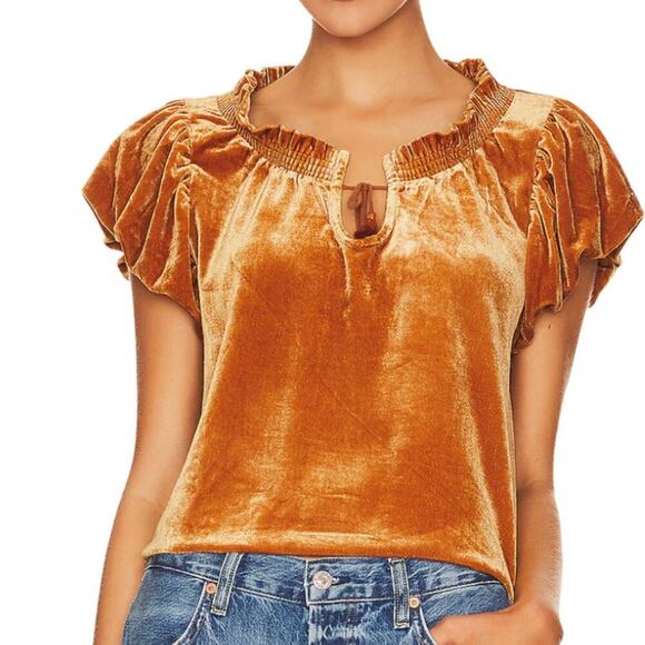 Free People Top‎ Womens Velvet Short Puff Sleeve Boxy Romantic Boho Glam Size S - Picture 1 of 9
